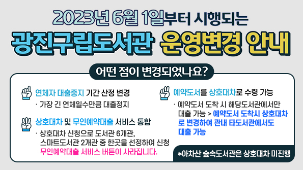 연체자 대출중지 기간 산정 변경 : 가장 긴 연체일수만큼 대출정지
예약도서를 상호대차로 수령 가능 : 예약도서 도착 시 해당도서관에서만 대출 가능 > 예약도서 도착시 상호대차로 변경하여 관내 타도서관에서도 대출 가능
상호대차 및 무인예약대출 서비스 통합 : 상호대차 신청으로 도서관 6개관, 스마트도서관 2개관 중 한곳을 선정하여 신청
*아차산 숲속도서관은 상호대차 미진행