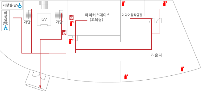 비상대피로는 계단과 엘레베이터 앞쪽 통로입니다. 분말소화기는 무한상상실 안 1대, 주방 안 1대, 식당 안 1대, 계단과 엘레베이터 앞 통로 좌측 1대 구비되어 있습니다. 소화전은 우측 계단 옆 1대, 무한상상실 안 1대 구비되어 있습니다.