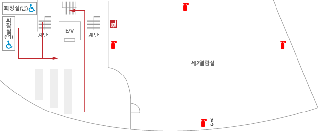 비상대피로는 화장실 우측, 제2열람실 좌측 중앙 계단입니다. 제2열람실 안 분말소화기 4대, 소화전 1대, 완강기 1대가 구비되어 있습니다.