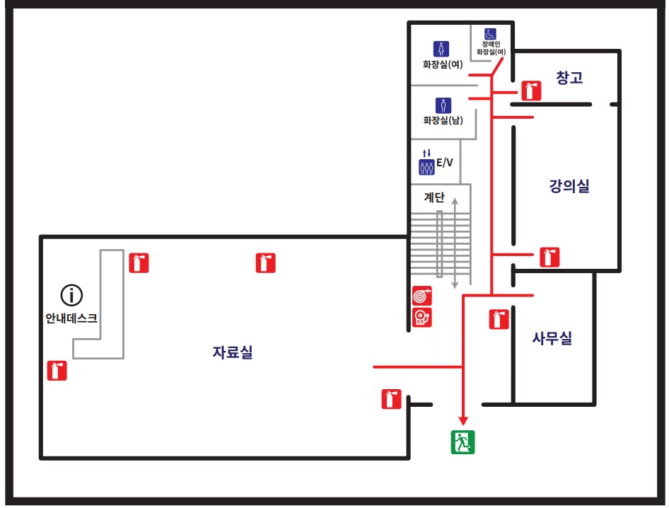 비상대피로는 1층 사무실(강의실)과 자료실 사이 통로에 계단, 엘리베이터, 화장실이 있습니다. 분말소화기는 자료실 대, 통로 사무실 앞쪽 1대, 강의실 1대, 창고 1대를 구비하고 있습니다. 소화전과 화재 경보기는 계단 앞 1대씩 구비되어있습니다.