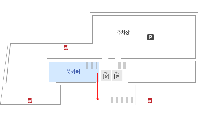 비상대피로는 북카페 우측에 있습니다. 소화전은 북카페 앞 통로에 있습니다.